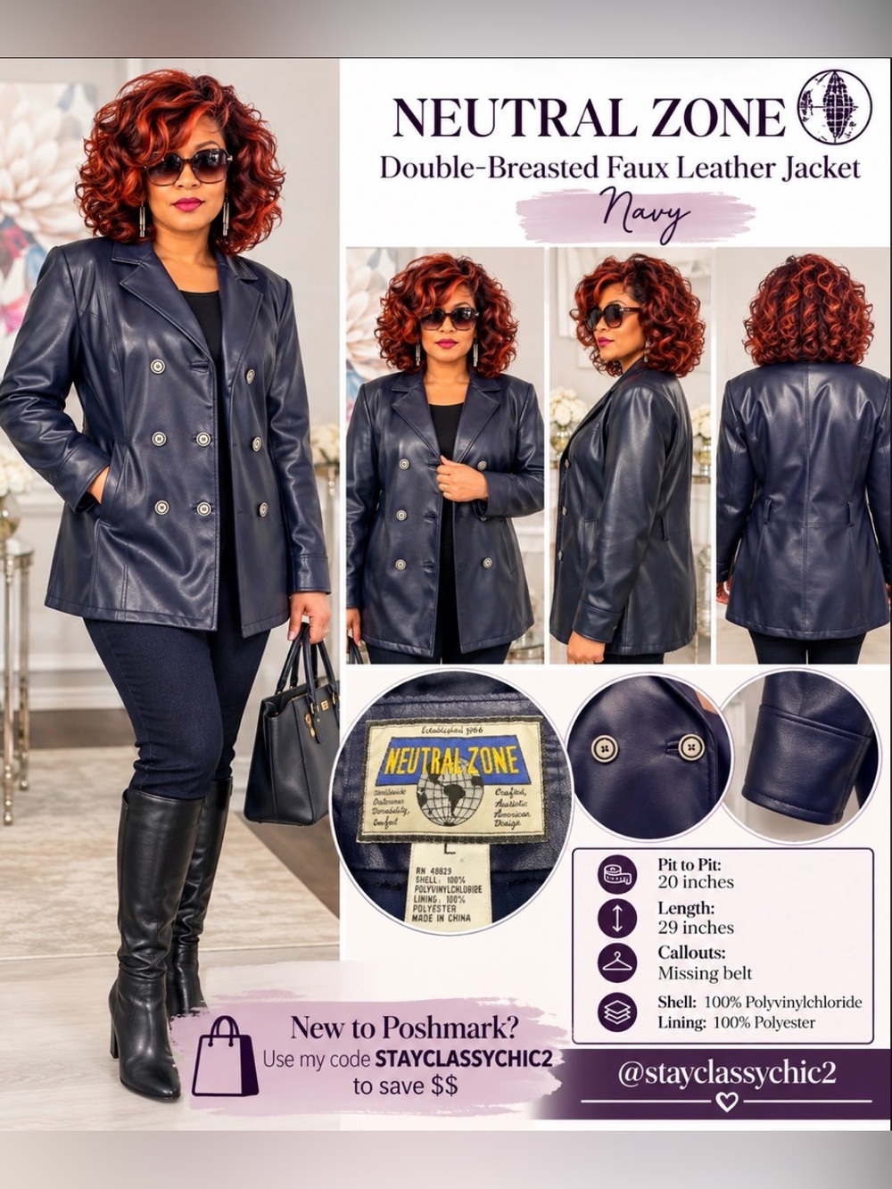 Double-Breasted Faux Leather Jacket in Navy